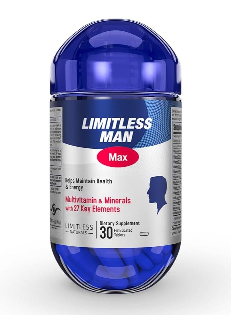 ليمتليس مان ماكس، مكمل غذائي متعدد الفيتامينات للرجال، يحتوي على 27 نوعًا من الفيتامينات والمعادن الأساسية، مع الحديد وفيتامين د ومجموعة فيتامينات ب المركبة، لدعم الطاقة والمناعة يوميًا، 30 قرصًا - Image 1